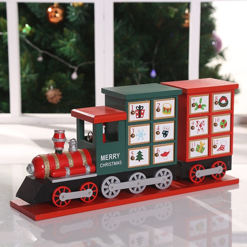 classic red and green wooden Christmas Train Advent Calendar Countdown with 24 drawers