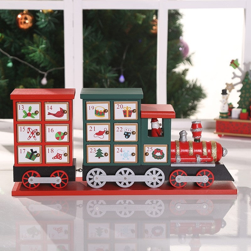 classic red and green wooden Christmas Train Advent Calendar Countdown with 24 drawers