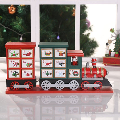 classic red and green wooden Christmas Train Advent Calendar Countdown with 24 drawers