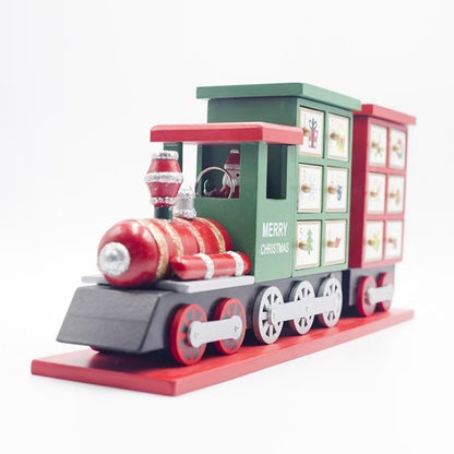 classic red and green wooden Christmas Train Advent Calendar Countdown with 24 drawers