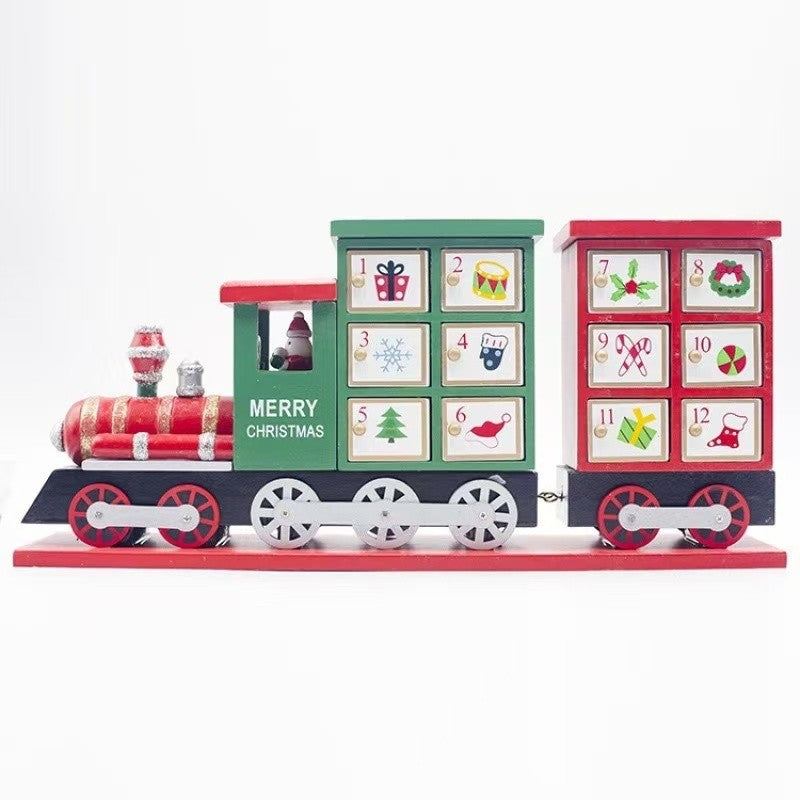 classic red and green wooden Christmas Train Advent Calendar Countdown with 24 drawers