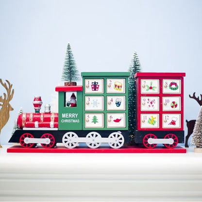 classic red and green wooden Christmas Train Advent Calendar Countdown with 24 drawers