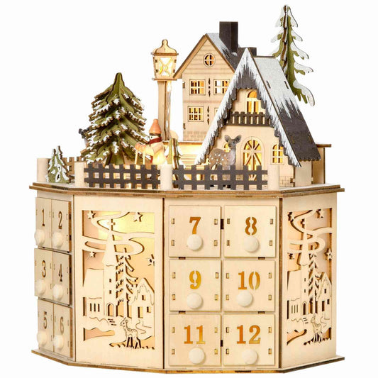 Luminous Christmas Village Advent Calendar | Revolving Wooden Music Box