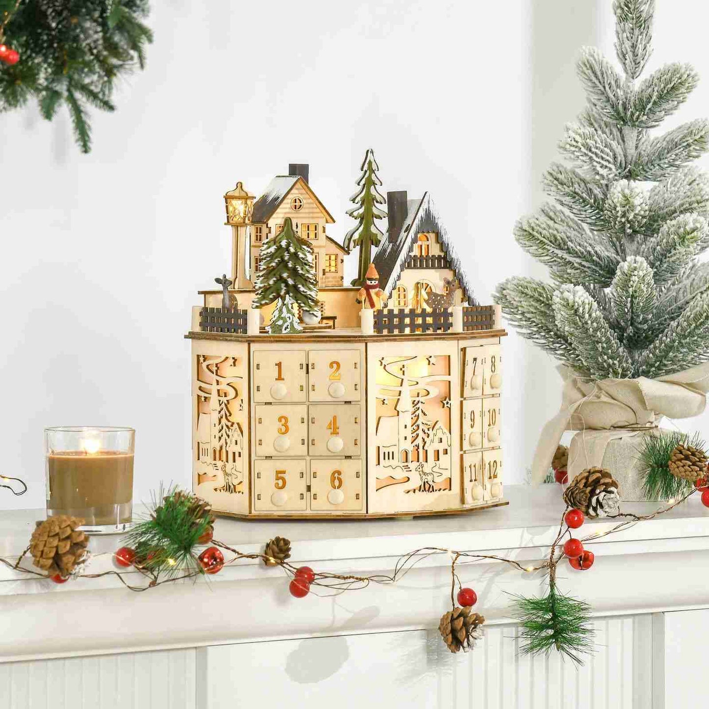 Luminous Christmas Village Advent Calendar | Revolving Wooden Music Box