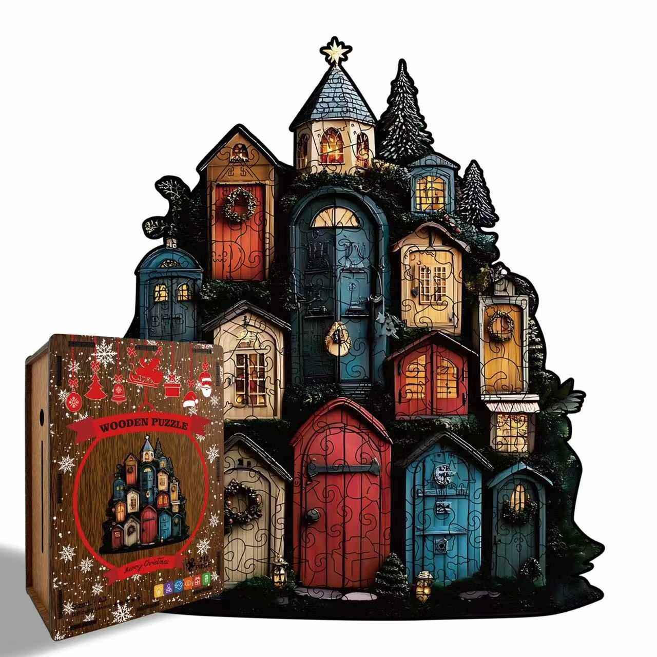 Whimsical Christmas Village Shaped Wooden Puzzle