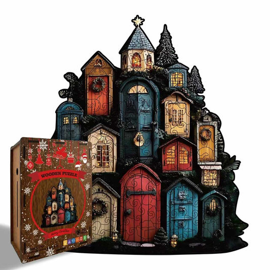 Whimsical Christmas Village Shaped Wooden Puzzle