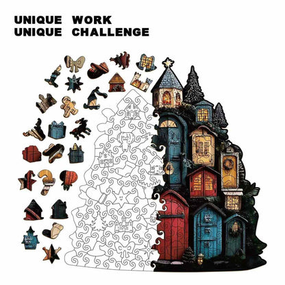 Whimsical Christmas Village Shaped Wooden Puzzle