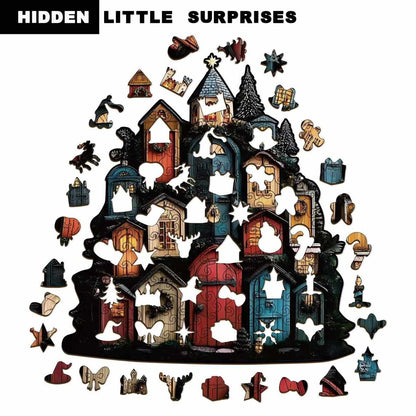 Whimsical Christmas Village Shaped Wooden Puzzle