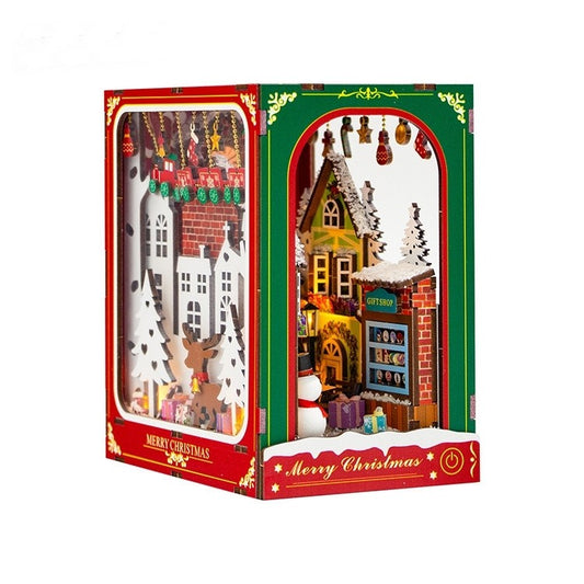 image displaying left side view of the assembled Christmas Winter DIY Book Nook kit