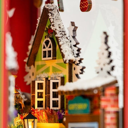 close-up miniature scene in the assembled Christmas Winter DIY Book Nook kit