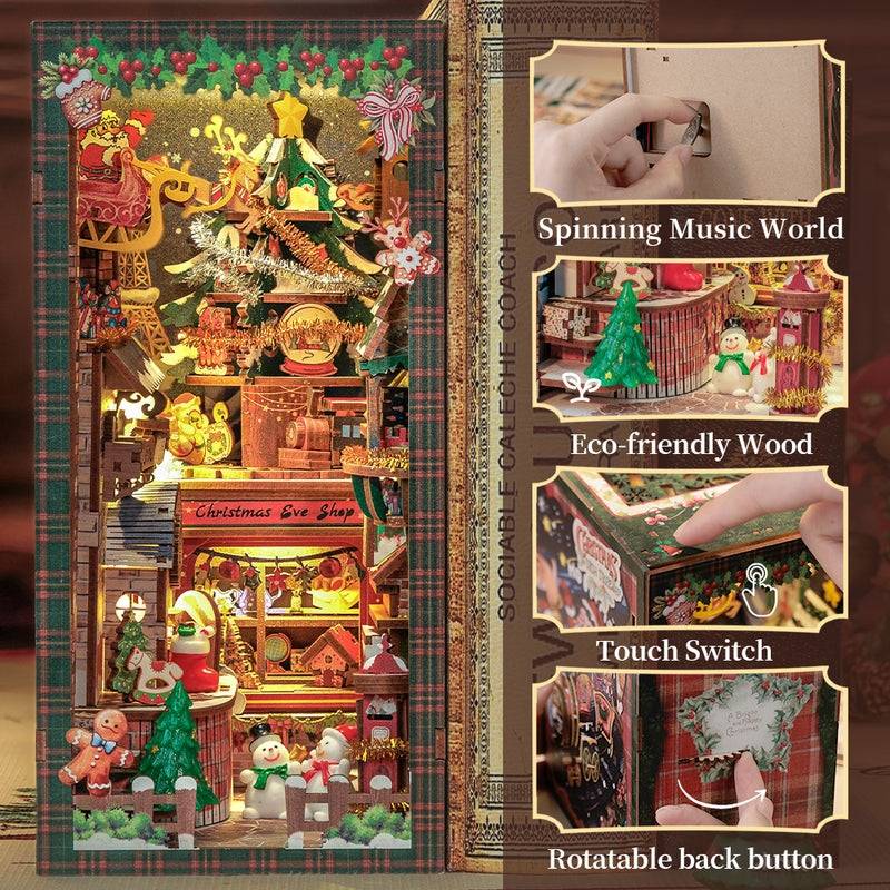 diagrams showing the higlhights of the Christmas Wish Store DIY Book Nook Kit