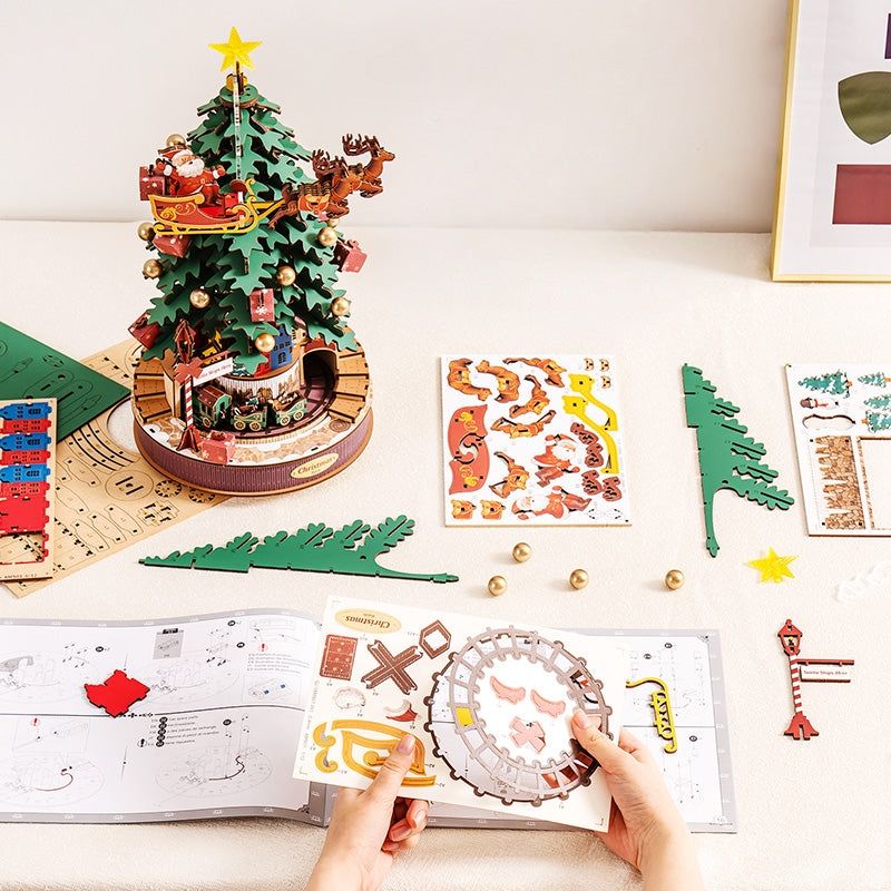 puzzles of Christmas Melody Tree 3D Wooden Puzzle kit are putting together to showcase its easy-to-assembly feature