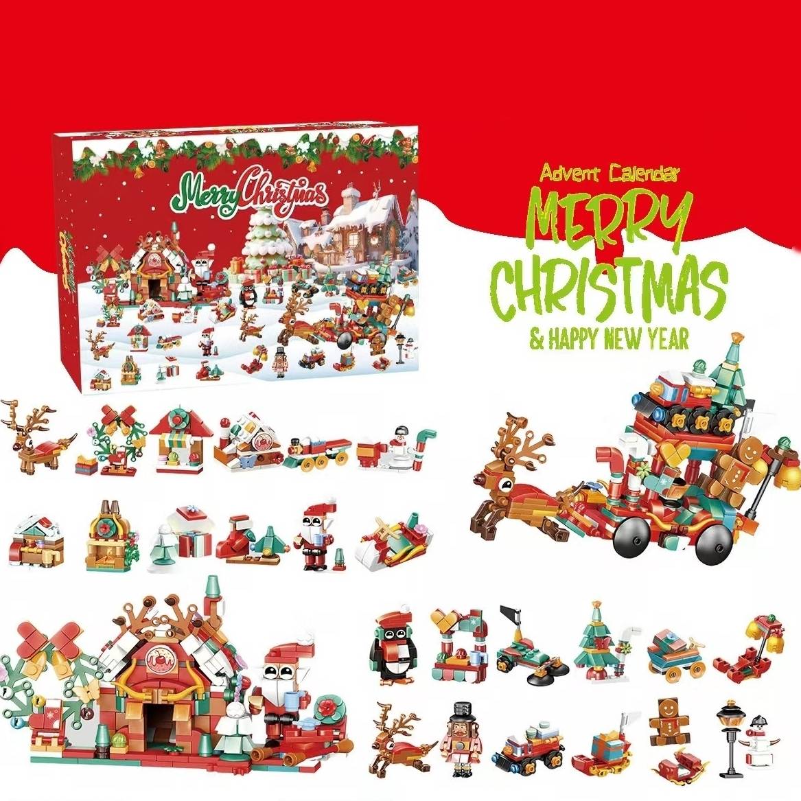 Package and spread out all mini models of Christmas Sleigh Advent Calendar Building Blocks Set 24 days countdown toys