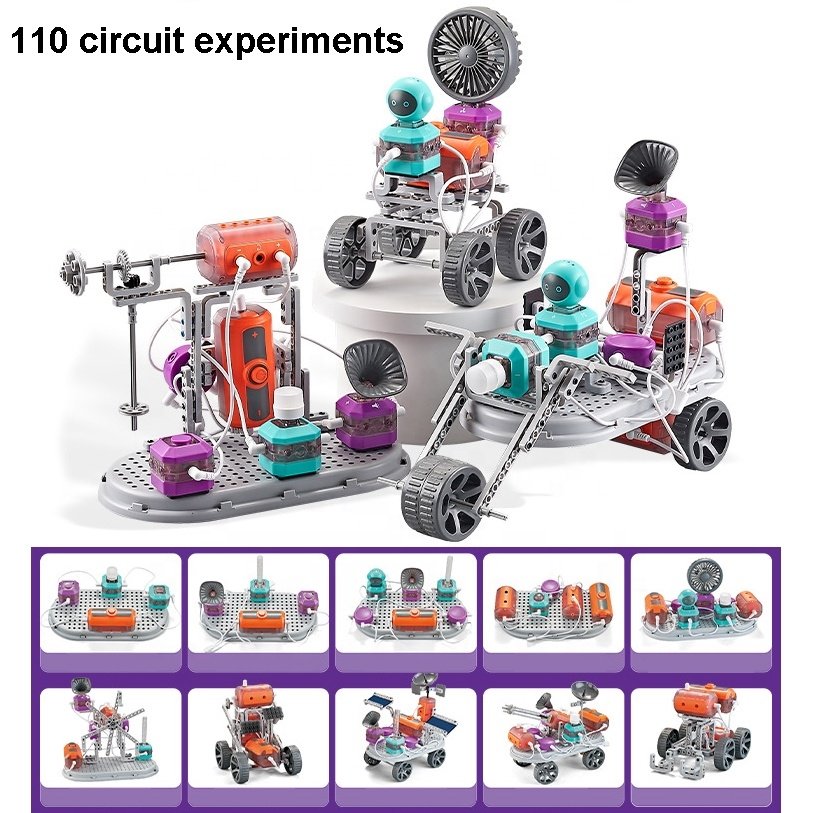 Toy circuit building set with multiple components and a robot-like structure on a white background.