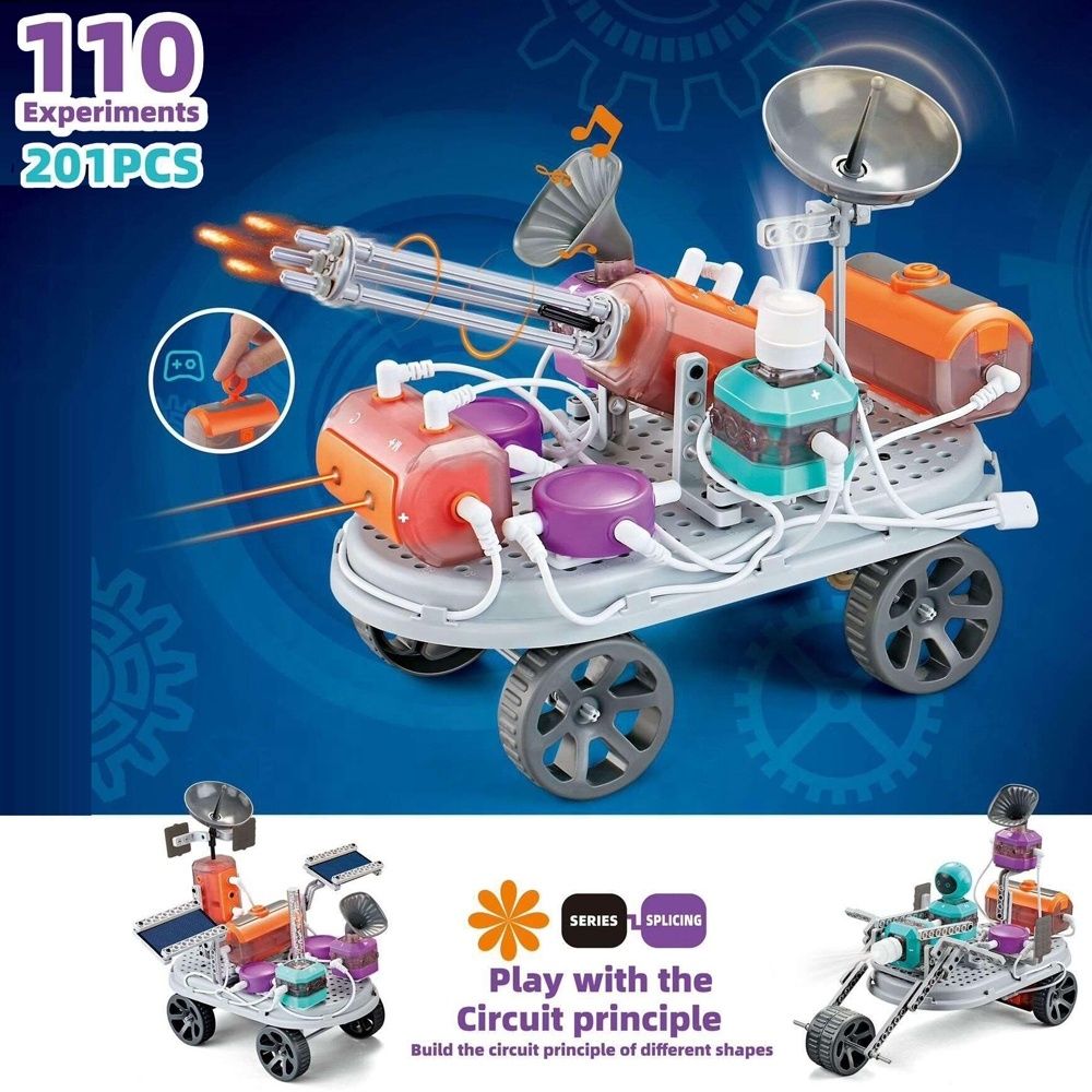 Science experiment kit with various components on a blue background