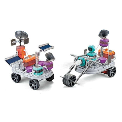 Two toy models of space vehicles on a white background