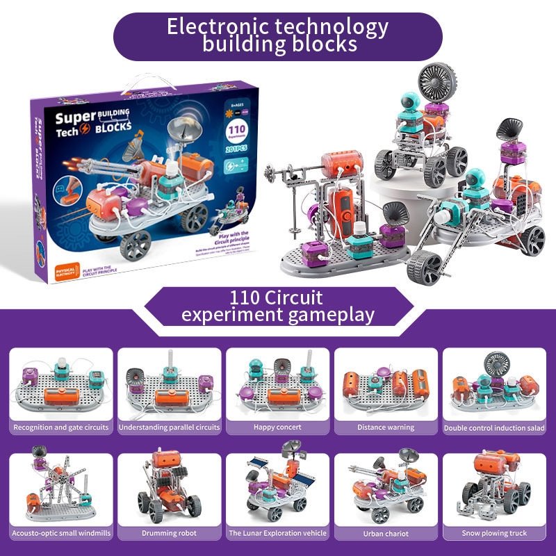 Electronic technology building blocks set with packaging and assembled model on a white background