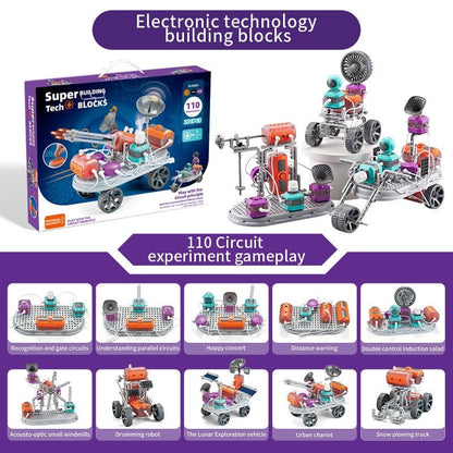 Electronic technology building blocks set with packaging and assembled model on a white background