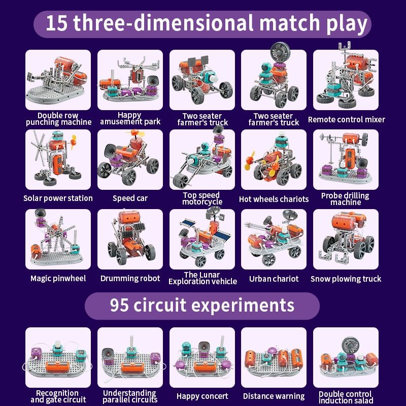 Grid of 15 three-dimensional match play models and 95 circuit experiments of electronic building blocks set with a purple background