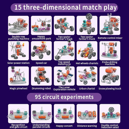 Grid of 15 three-dimensional match play models and 95 circuit experiments of electronic building blocks set with a purple background