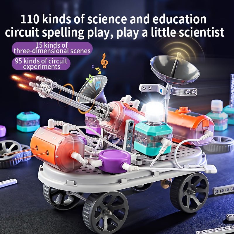 Science and education circuit spelling play set with text on a dark background