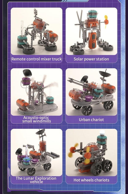 Set of toy models including a remote control mixer truck, solar power station, acousto-optic small windmills, urban chariot, lunar exploration vehicle, and hot wheels chariots