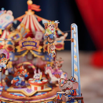 Colorful circus-themed wooden model set with animals and a carousel in the background.