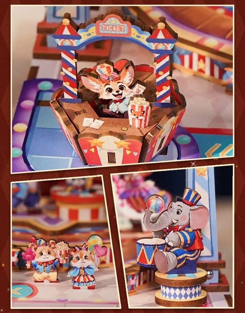 Carnival-themed diorama model with animals and a ticket booth on a colorful background.