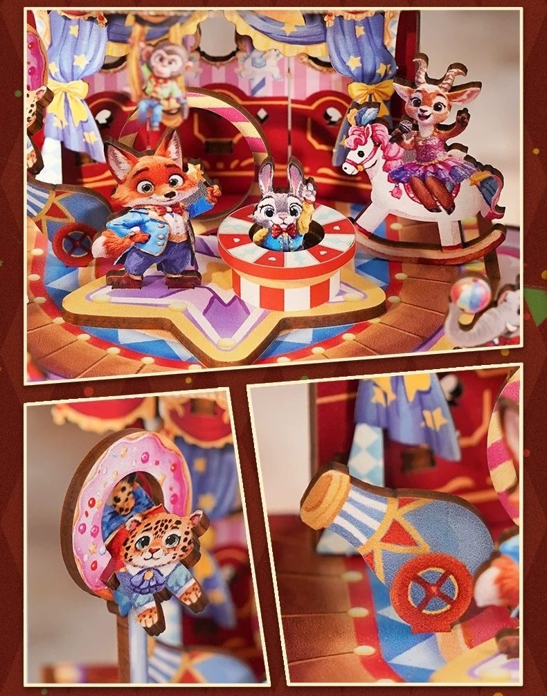 Colorful carousel wooden puzzle model set with animals on a wooden base
