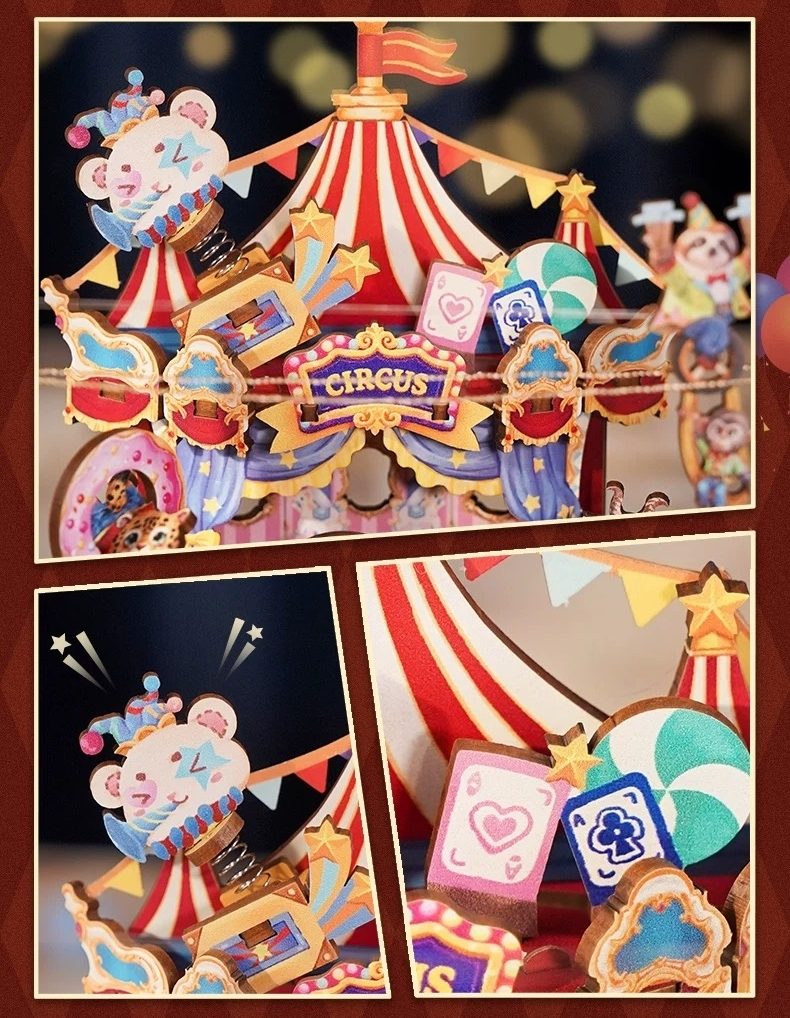 Colorful circus-themed 3d wooden model set with decorative elements on a dark background