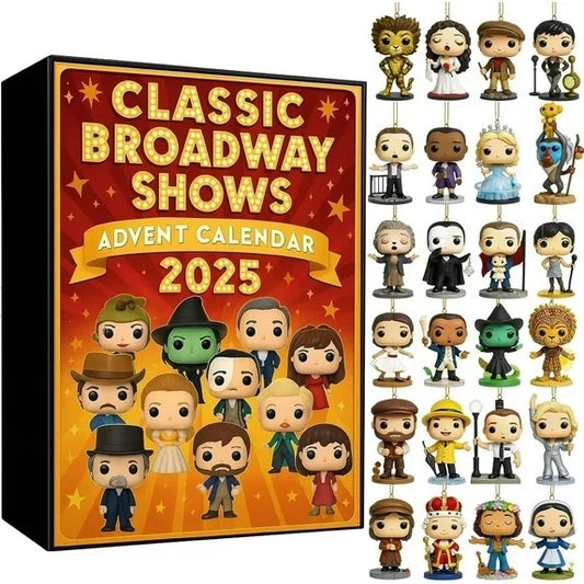 Advent calendar for classic Broadway shows with character figurines on a white background