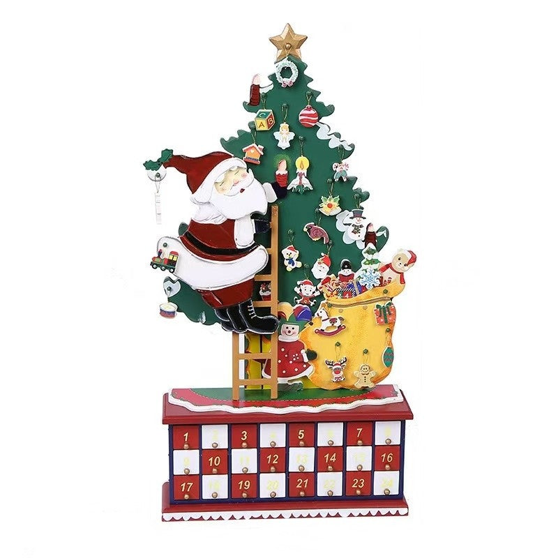 Christmas Countdown Wooden Advent Calendar featuring Santa climbing up a ladder alongside a decorated Christmas tree