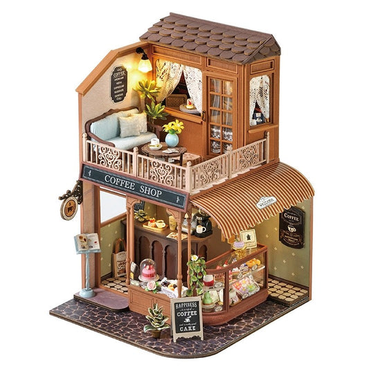 Dollhouse Model of a coffee shop with detailed interior and exterior on a white background