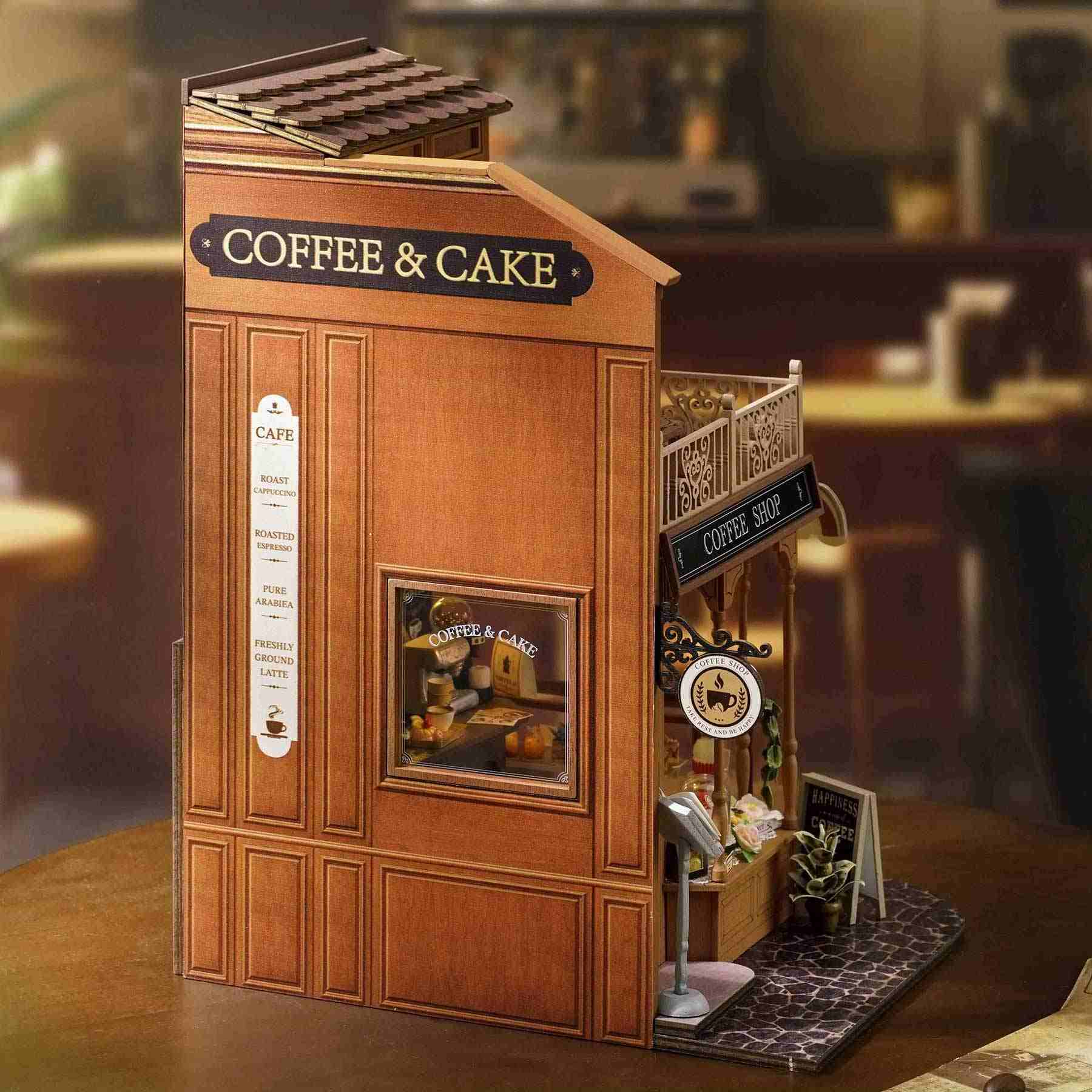 exterior wall of a dollhouse coffee and cake shop with wooden texture and decorative elements.