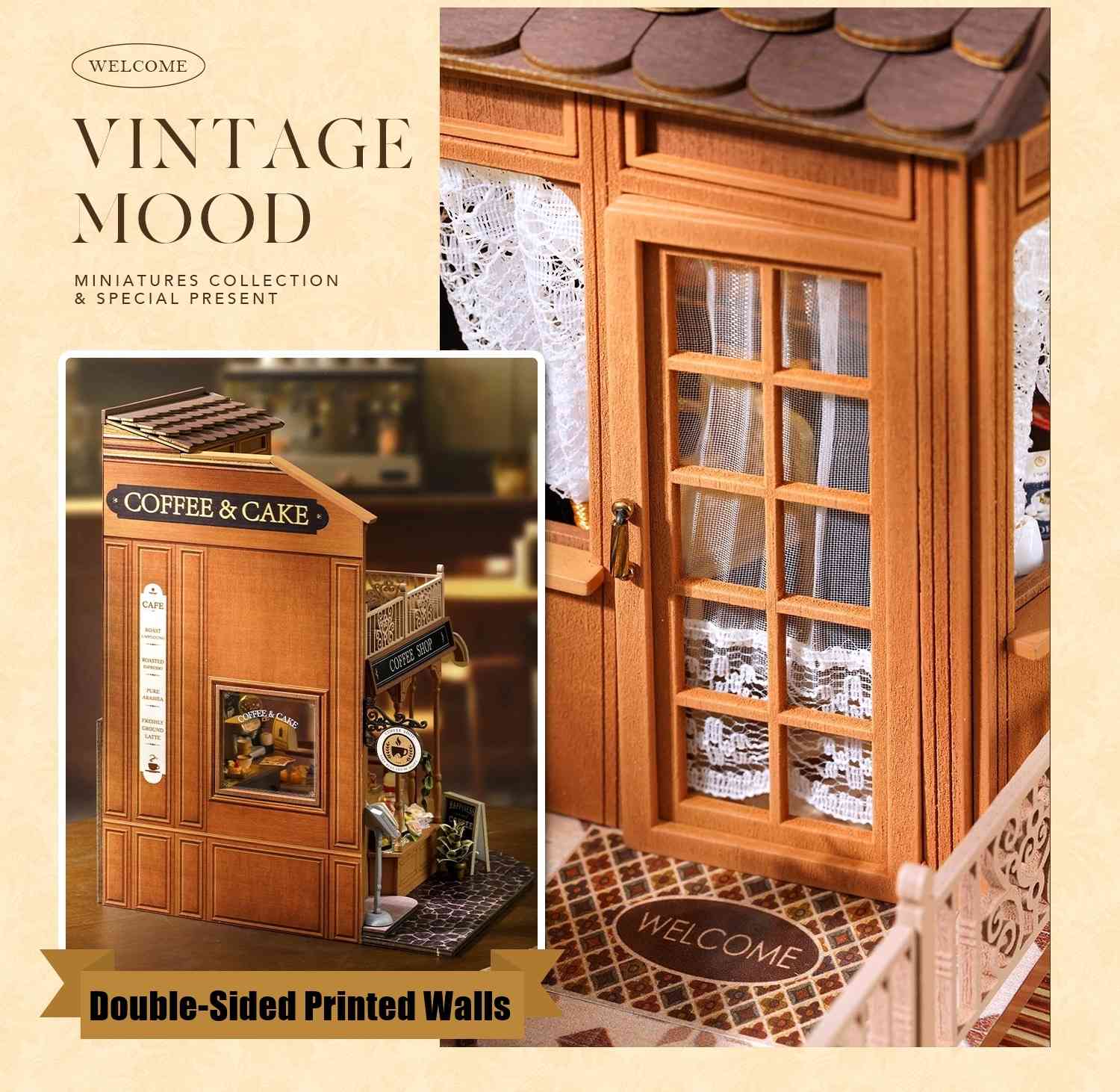 Vintage-themed miniature building with wooden facade and glass door, featuring 'Coffee & Cake' sign.