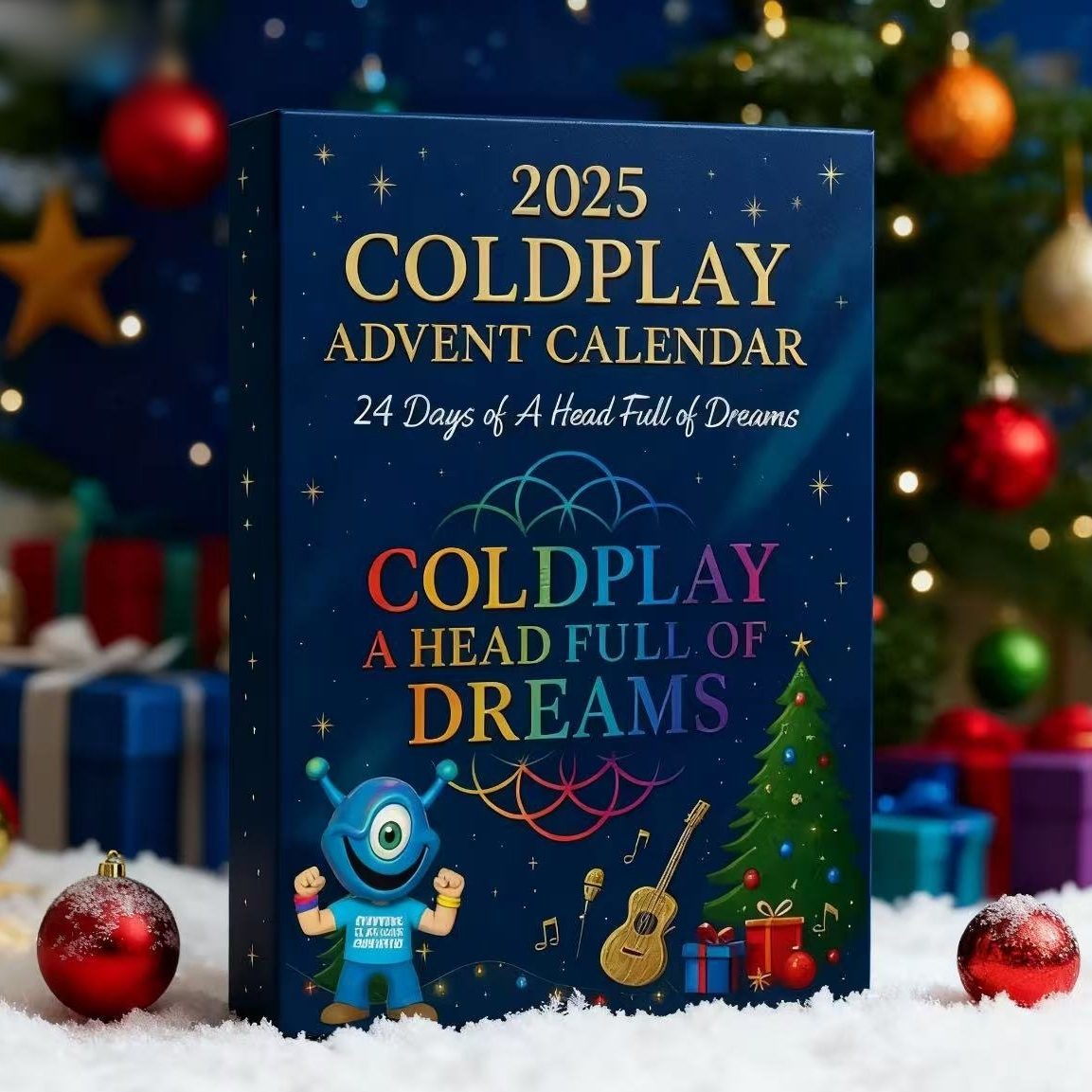 2025 Coldplay Advent Calendar with Christmas decorations in the background