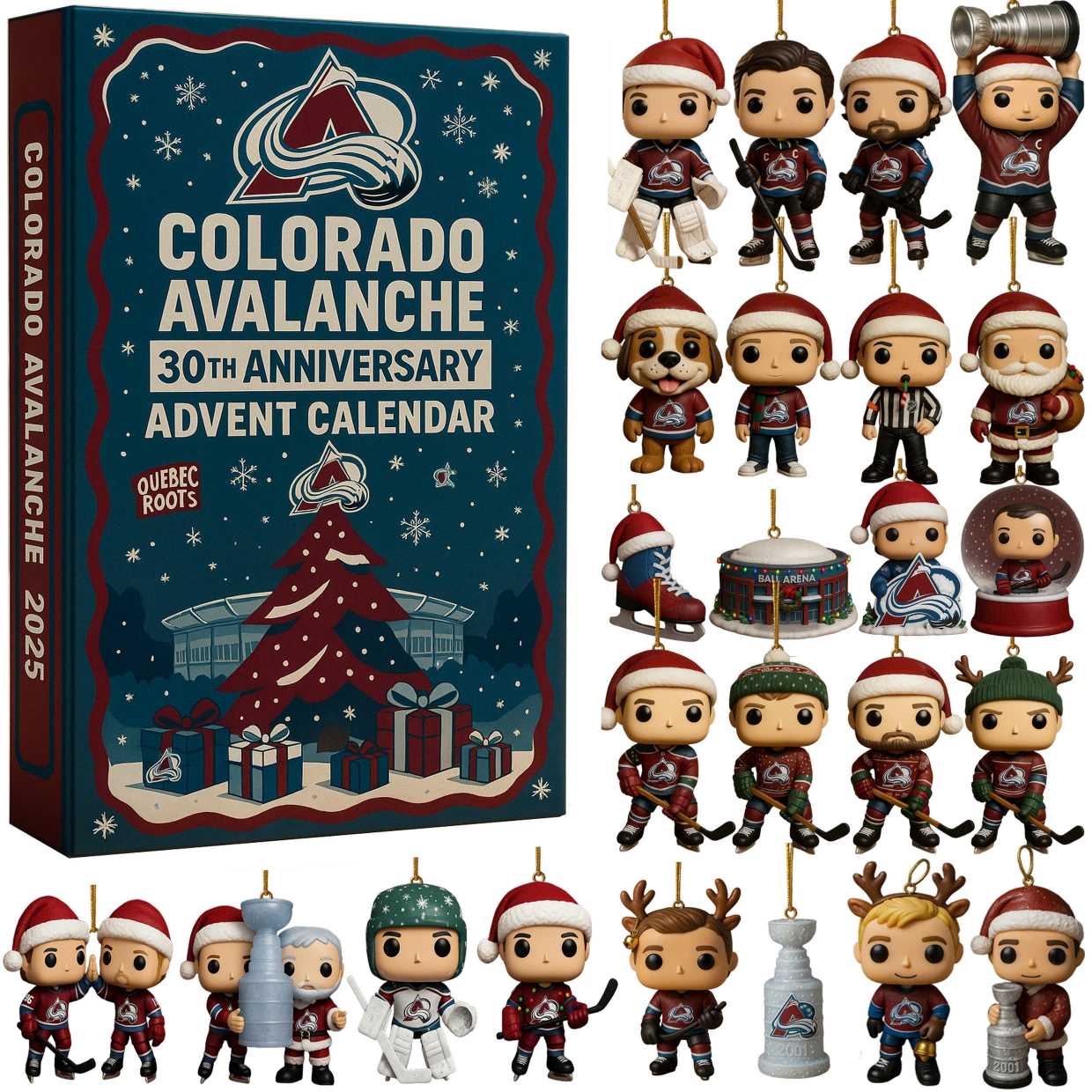Colorado Avalanche 30th Anniversary Advent Calendar with various themed figurines.