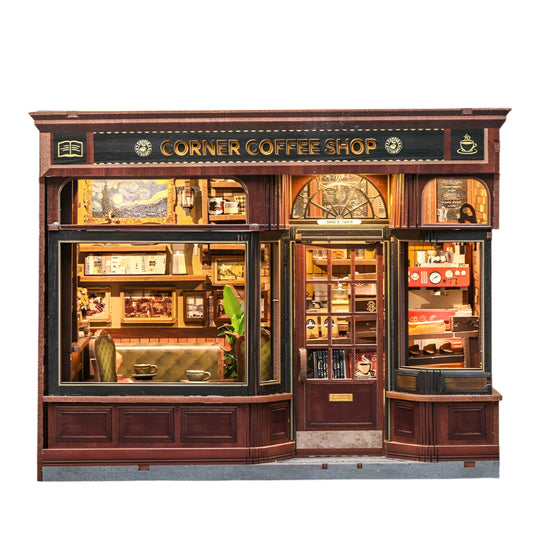 image displaying the front side view of Corner Coffee Shop DIY Miniature House Kit