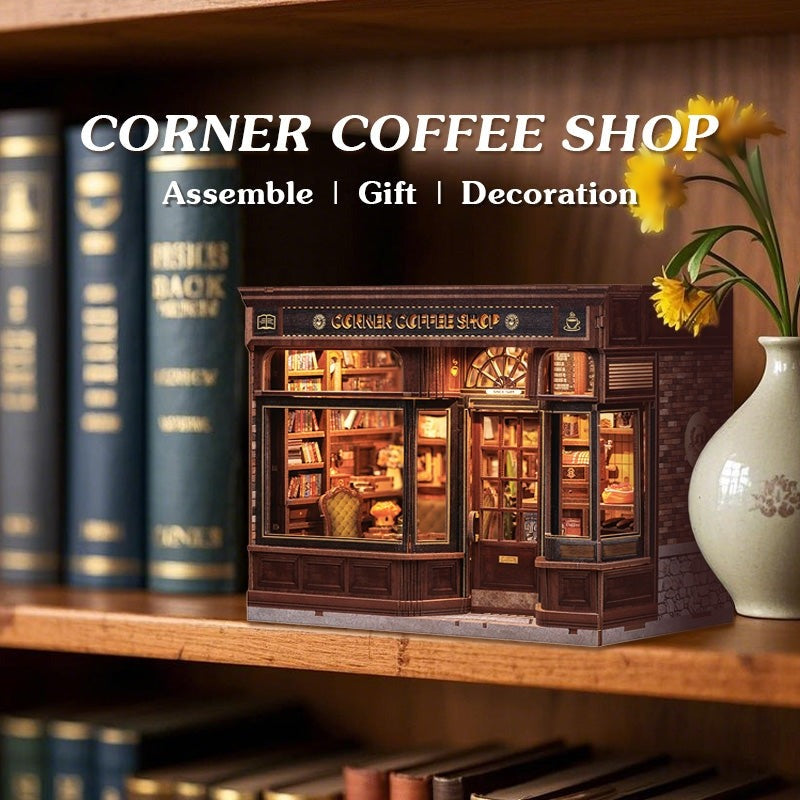 image showing the corner coffee shop dollhouse in a bookshelf