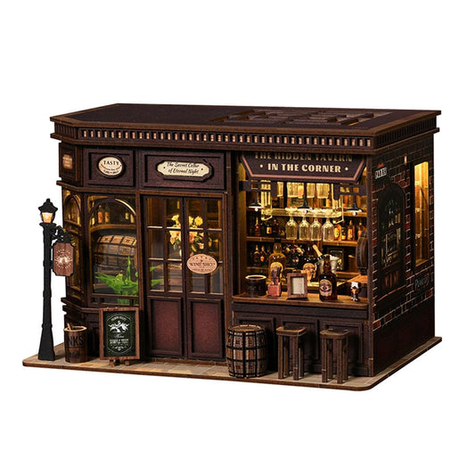 Model of a vintage bar with detailed interior on a white background