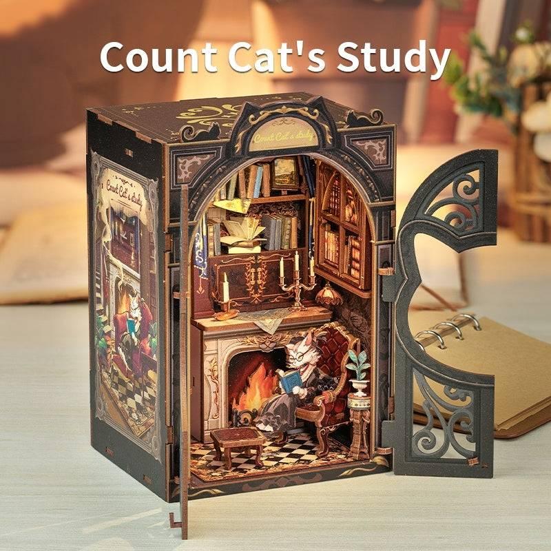 Count Cat's Study DIY Book Nook Kit, a miniature crafts with retro detailed scenes, openable door, and easy snap-in design, perfect for bookend lovers, model building lovers, dollhouse collectors, A great DIY project for reading lovers, and perfect for bookshelf insert decor.