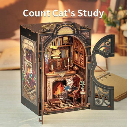 Count Cat's Study DIY Book Nook Kit, a miniature crafts with retro detailed scenes, openable door, and easy snap-in design, perfect for bookend lovers, model building lovers, dollhouse collectors, A great DIY project for reading lovers, and perfect for bookshelf insert decor.