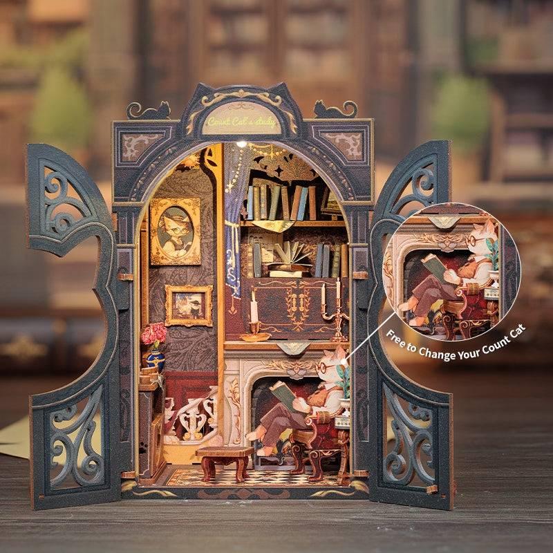 Count Cat's Study DIY Book Nook Kit, a miniature crafts with retro detailed scenes, openable door, and easy snap-in design, perfect for bookend lovers, model building lovers, dollhouse collectors, A great DIY project for reading lovers, and perfect for bookshelf insert decor.