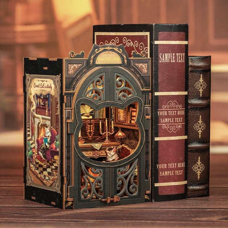 Count Cat's Study DIY Book Nook Kit, a miniature crafts with retro detailed scenes, openable door, and easy snap-in design, perfect for bookend lovers, model building lovers, dollhouse collectors, A great DIY project for reading lovers, and perfect for bookshelf insert decor.