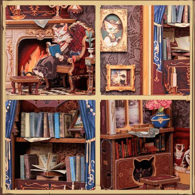 Count Cat's Study DIY Book Nook Kit, a miniature crafts with retro detailed scenes, openable door, and easy snap-in design, perfect for bookend lovers, model building lovers, dollhouse collectors, A great DIY project for reading lovers, and perfect for bookshelf insert decor.