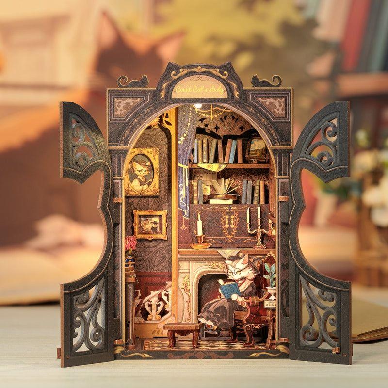 Count Cat's Study DIY Book Nook Kit, a miniature crafts with retro detailed scenes, openable door, and easy snap-in design, perfect for bookend lovers, model building lovers, dollhouse collectors, A great DIY project for reading lovers, and perfect for bookshelf insert decor.