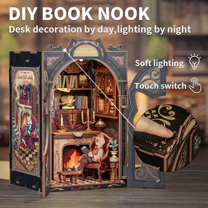 Count Cat's Study DIY Book Nook Kit, a miniature crafts with retro detailed scenes, openable door, and easy snap-in design, perfect for bookend lovers, model building lovers, dollhouse collectors, A great DIY project for reading lovers, and perfect for bookshelf insert decor.