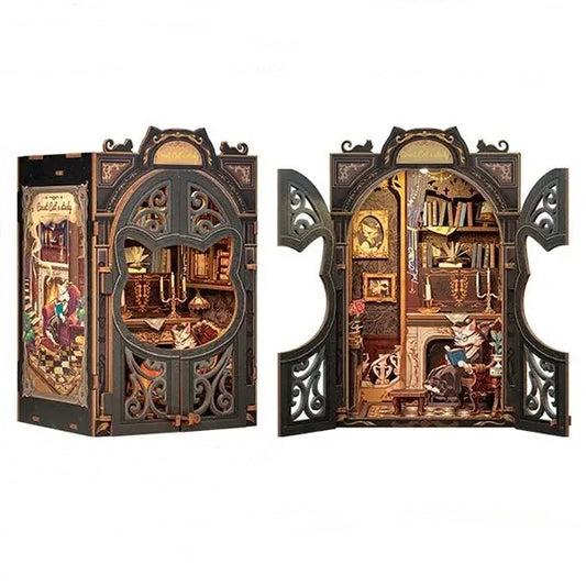 Count Cat's Study DIY Book Nook Kit, a miniature crafts with retro detailed scenes, openable door, and easy snap-in design, perfect for bookend lovers, model building lovers, dollhouse collectors, A great DIY project for reading lovers, and perfect for bookshelf insert decor.