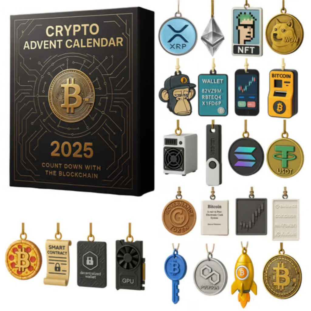 Crypto Advent Calendar 2025 with various blockchain-themed ornaments on a white background