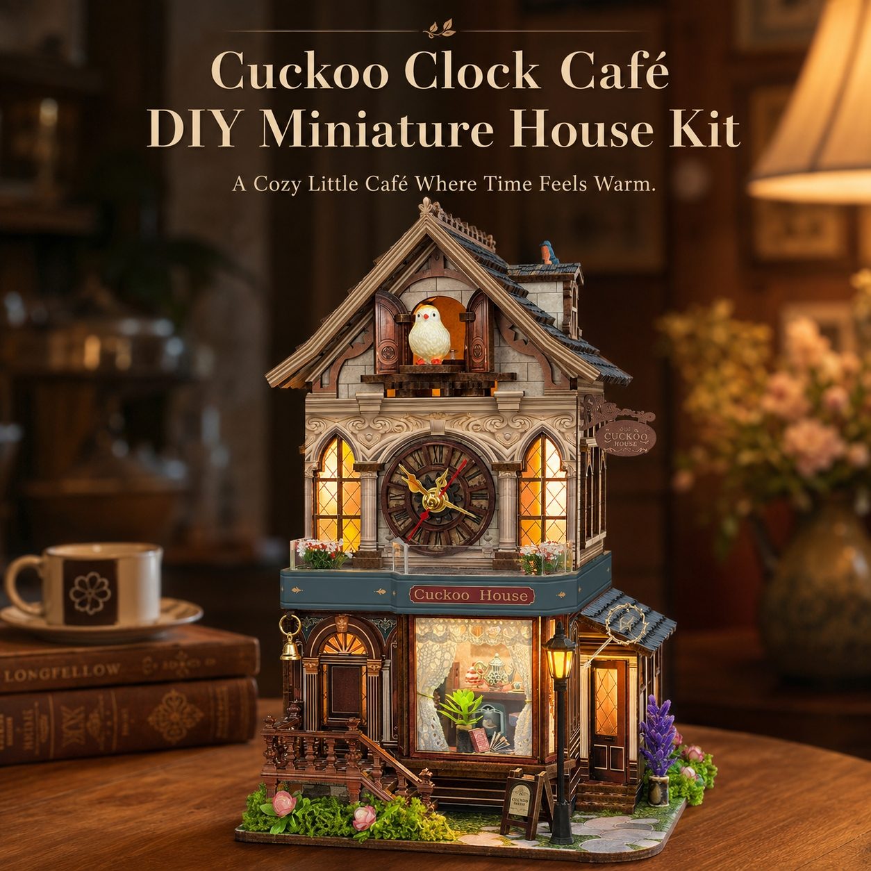 A miniature house clock kit displayed on a wooden table in a cozy, warmly lit room. The product is a detailed Victorian-style clock house labeled 'Cuckoo Clock Cafe' with glowing windows, a clock face, and small decorative plants.